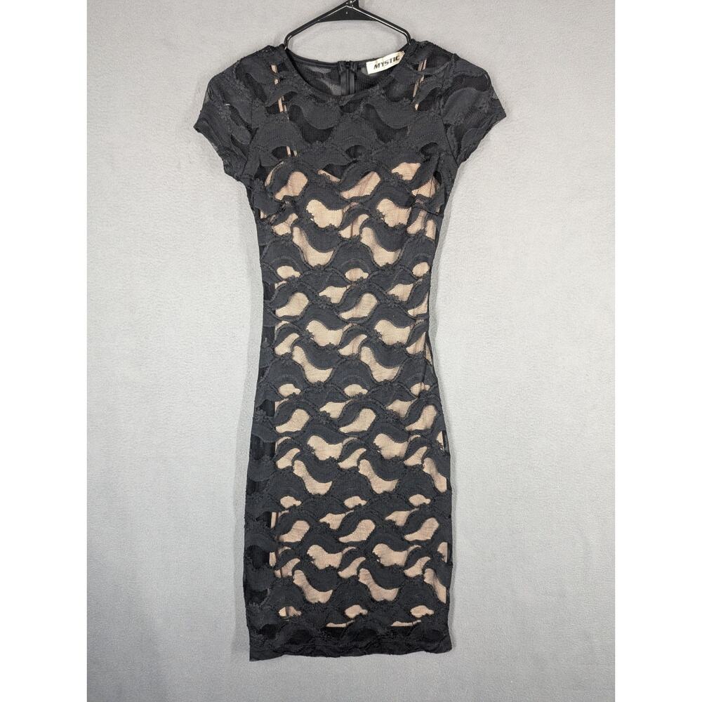 Vintage Mystic Y2K Dress Black Nude Scalloped Mesh Bodycon Small